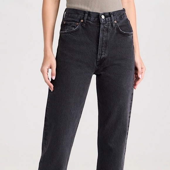 AGOLDE 90s Pinch Waist High Rise Distressed Jeans Straight Leg Black Wash - Picture 4 of 15